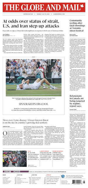 Prima pagina The Globe and Mail di oggi - Quotidiano estero