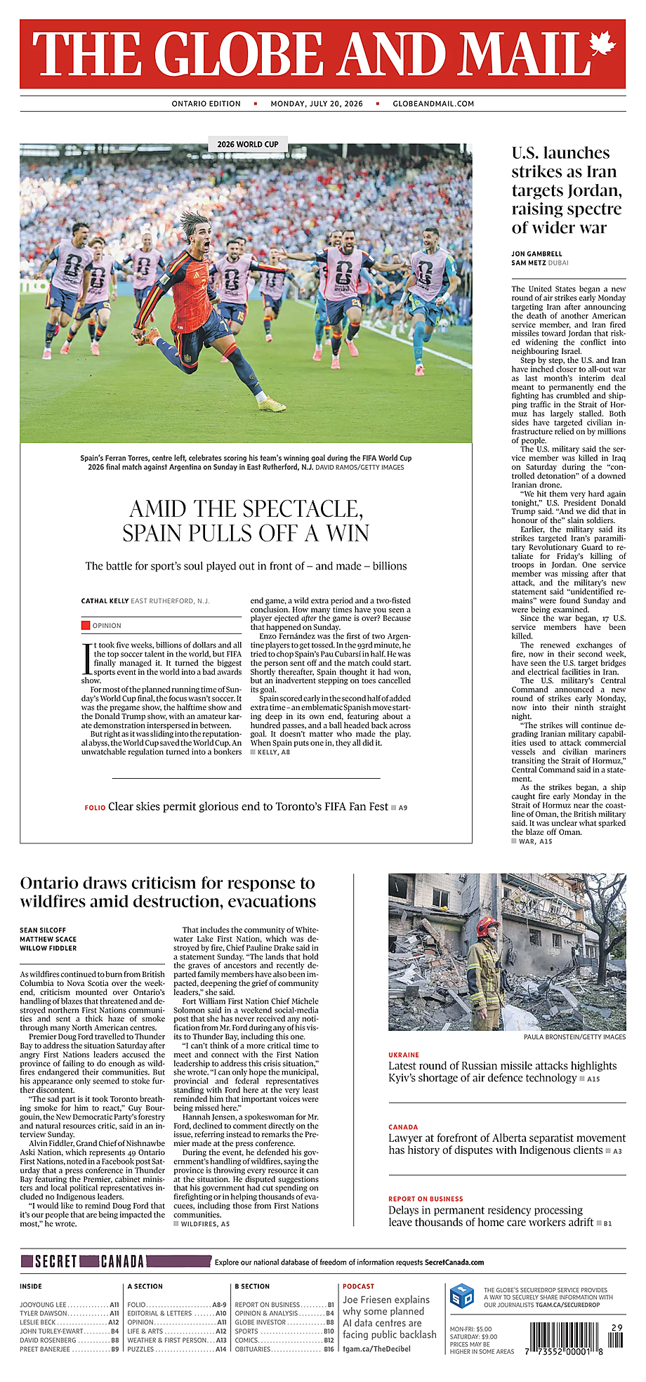 Prima pagina The Globe and Mail di oggi - Edicola 20 Luglio 2026