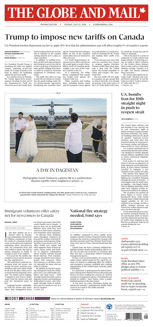 Prima pagina The Globe and Mail di oggi - Quotidiano estero
