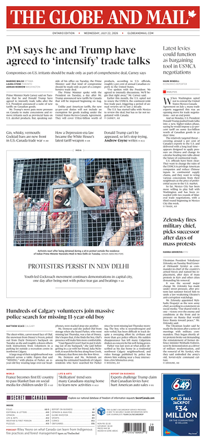 Prima pagina The Globe and Mail di oggi - Quotidiano estero