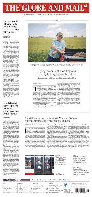 Prima pagina The Globe and Mail di oggi - Quotidiano estero