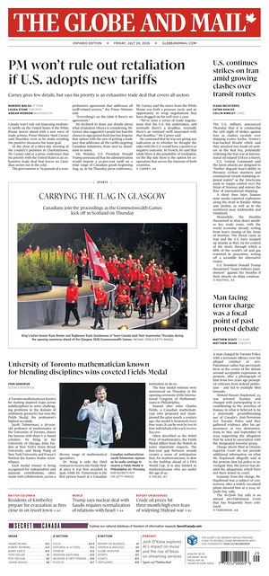 Prima pagina The Globe and Mail di oggi - Quotidiano estero