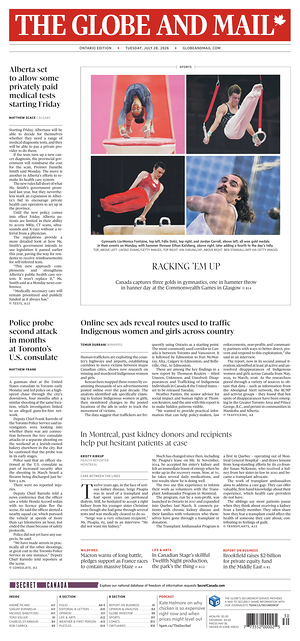 Prima pagina The Globe and Mail di oggi - Quotidiano estero