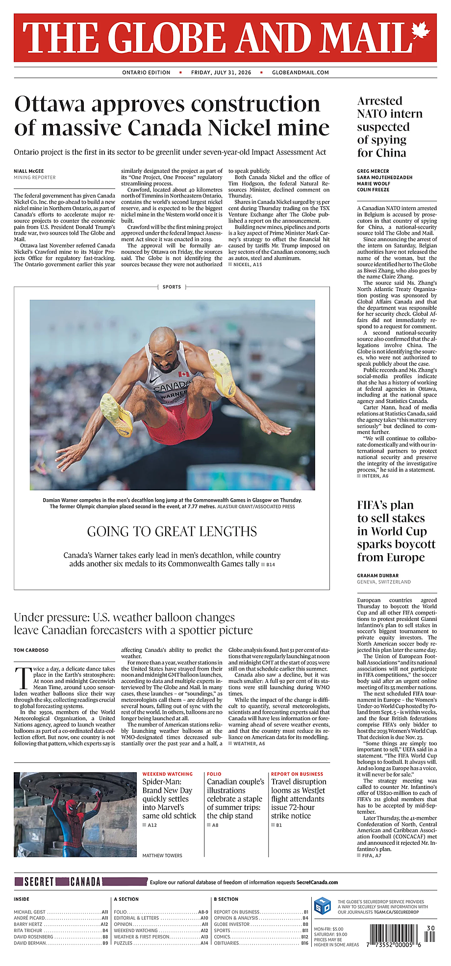 Portada The Globe and Mail de hoy - Quiosco 31 julio 2026