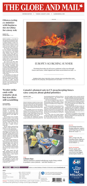 Prima pagina The Globe and Mail di oggi - Quotidiano estero