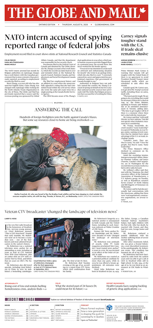Prima pagina The Globe and Mail di oggi - Quotidiano estero