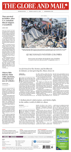 Prima pagina The Globe and Mail di oggi - Quotidiano estero