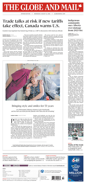 Prima pagina The Globe and Mail di oggi - Quotidiano estero