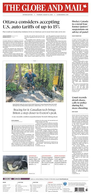 Prima pagina The Globe and Mail di oggi - Quotidiano estero
