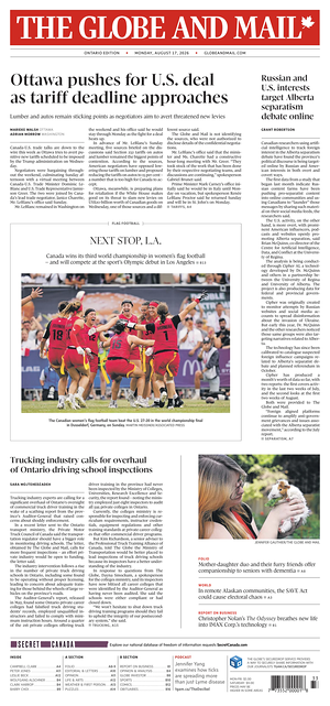Prima pagina The Globe and Mail di oggi - Quotidiano estero