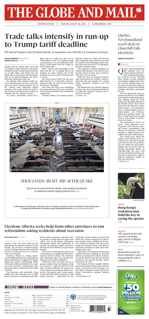 Prima pagina The Globe and Mail di oggi - Quotidiano estero