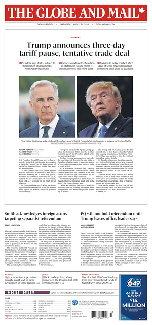 Prima pagina The Globe and Mail di oggi - Quotidiano estero