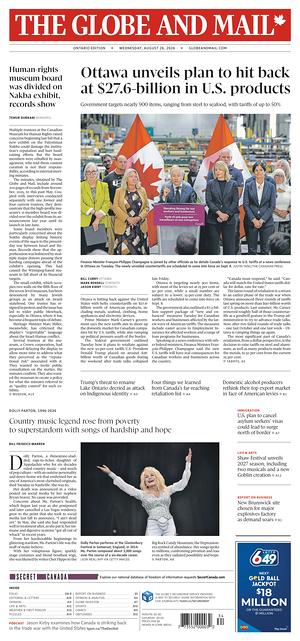 Prima pagina The Globe and Mail di oggi - Quotidiano estero