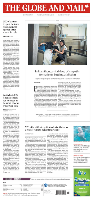 Prima pagina The Globe and Mail di oggi - Quotidiano estero