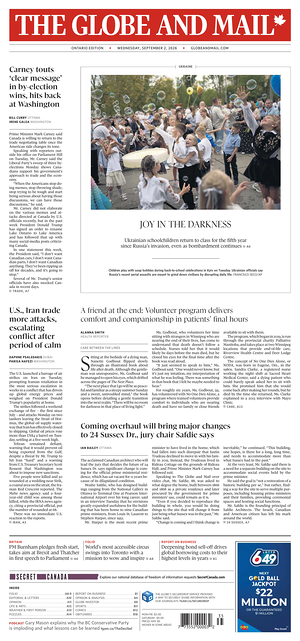 Prima pagina The Globe and Mail di oggi - Quotidiano estero
