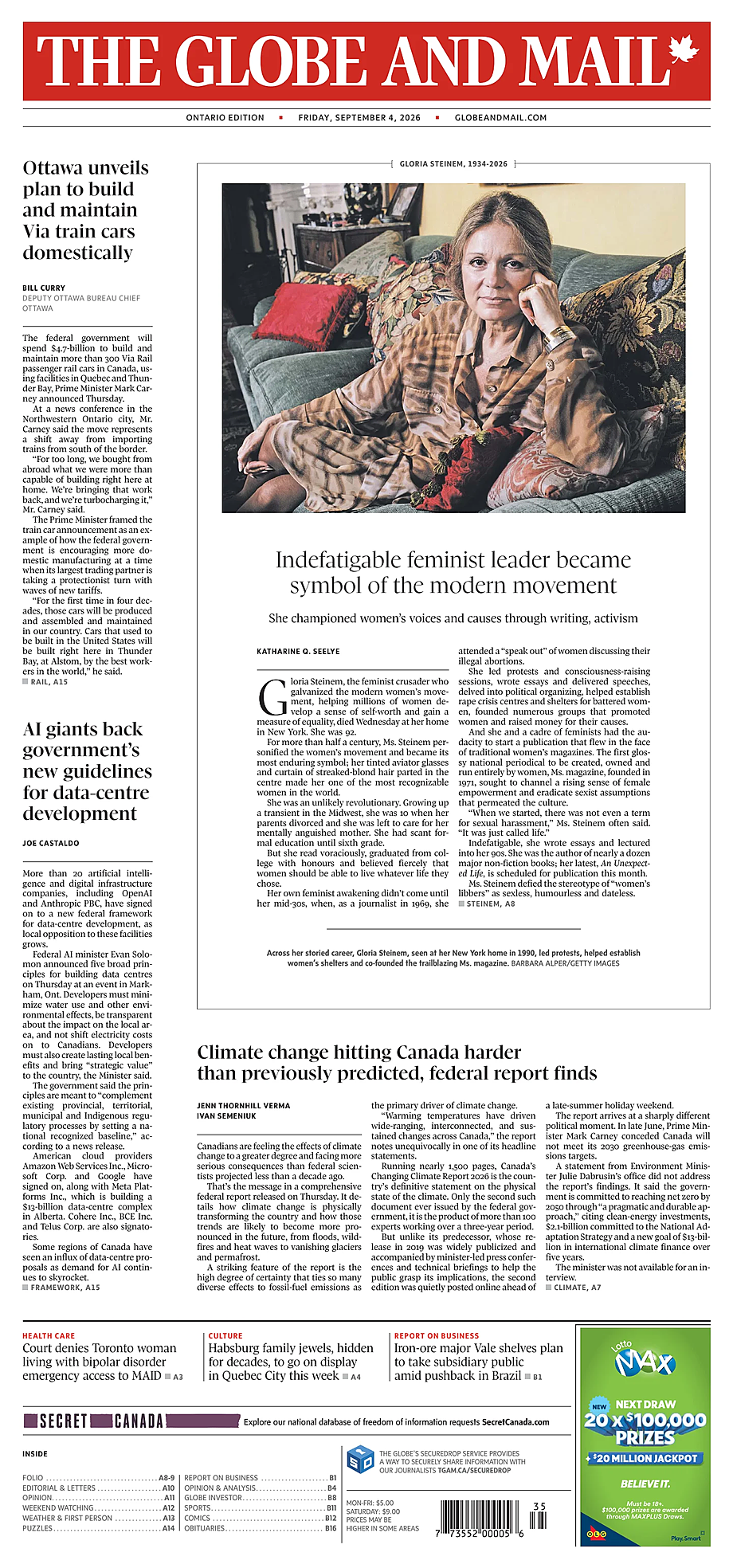 Prima pagina The Globe and Mail di oggi - Edicola 4 Settembre 2026