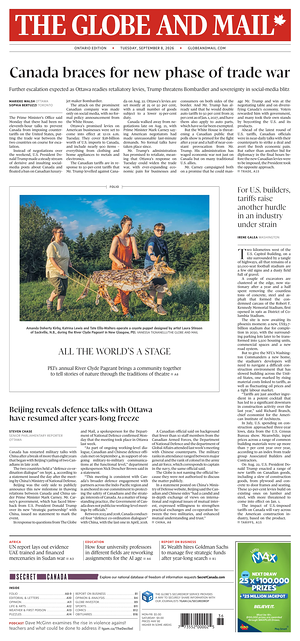 Prima pagina The Globe and Mail di oggi - Quotidiano estero