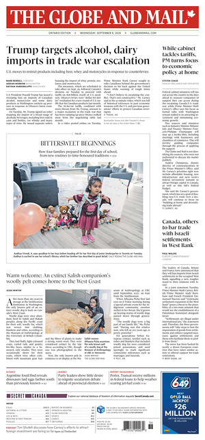 Prima pagina The Globe and Mail di oggi - Quotidiano estero