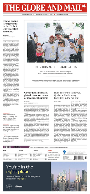 Prima pagina The Globe and Mail di oggi - Quotidiano estero