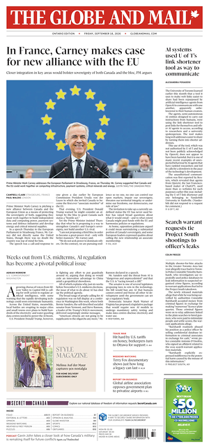 Prima pagina The Globe and Mail di oggi - Quotidiano estero
