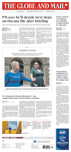 Prima pagina The Globe and Mail di oggi - Quotidiano estero