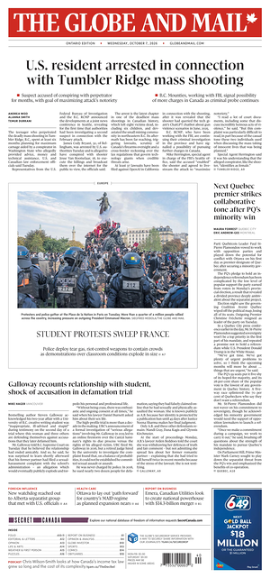 Prima pagina The Globe and Mail di oggi - Quotidiano estero