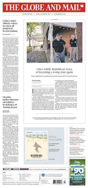 Prima pagina The Globe and Mail di oggi - Quotidiano estero