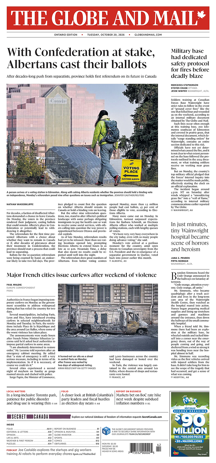 Prima pagina The Globe and Mail di oggi - Edicola 20 Ottobre 2026