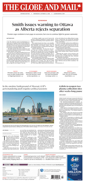 Prima pagina The Globe and Mail di oggi - Quotidiano estero