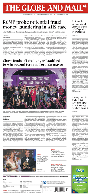 Prima pagina The Globe and Mail di oggi - Quotidiano estero