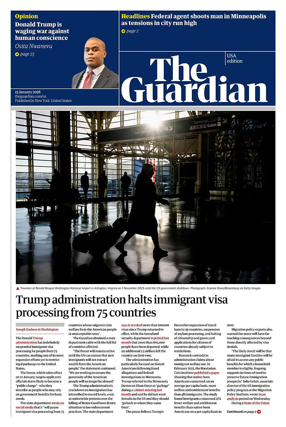 Prima pagina The Guardian (USA) di oggi - Edicola 15 Gennaio 2026