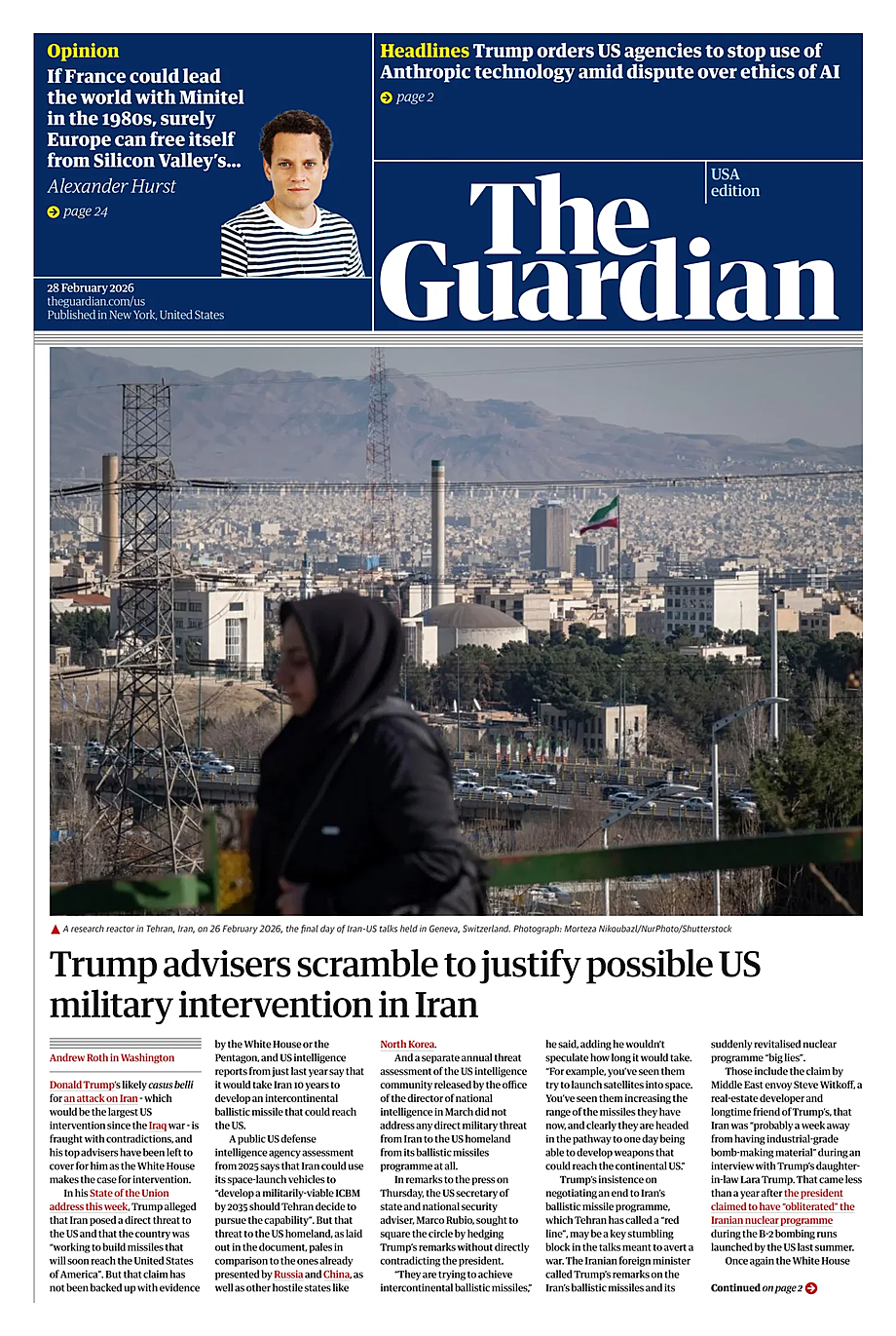 Prima pagina The Guardian (USA) di oggi - Edicola 28 Febbraio 2026