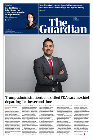 Prima pagina The Guardian (USA) di oggi - Quotidiano estero