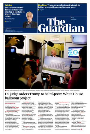 Prima pagina The Guardian (USA) di oggi - Quotidiano estero