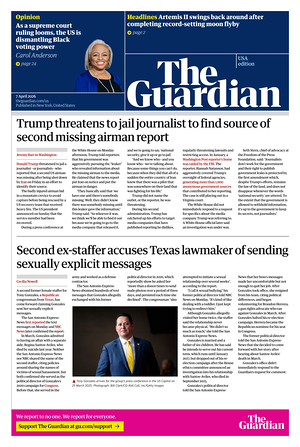 Prima pagina The Guardian (USA) di oggi - Quotidiano estero