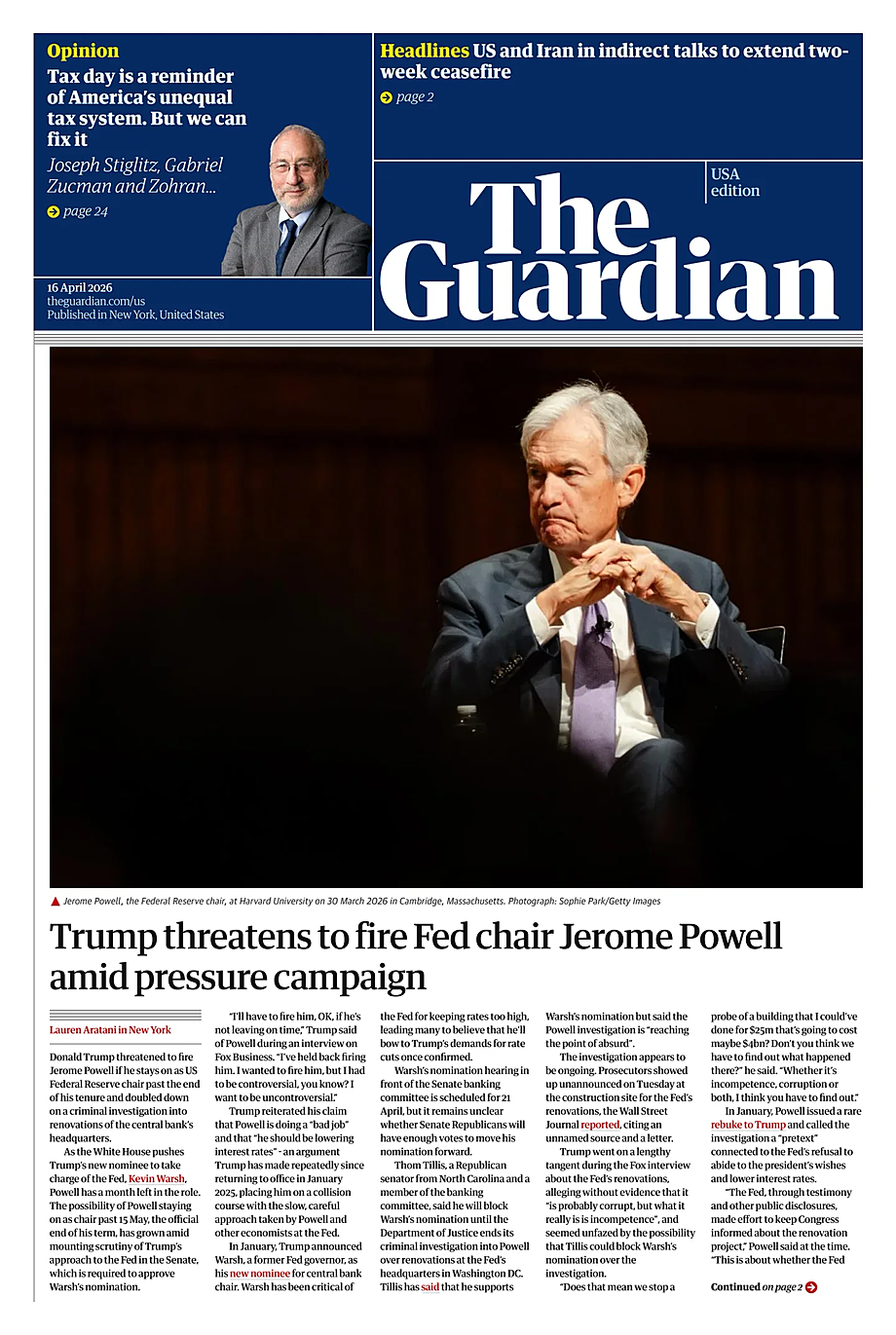 Prima pagina The Guardian (USA) di oggi - Edicola 16 Aprile 2026