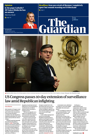 Prima pagina The Guardian (USA) di oggi - Quotidiano estero
