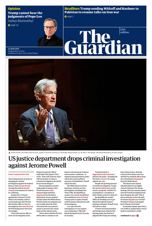 Prima pagina The Guardian (USA) di oggi - Quotidiano estero