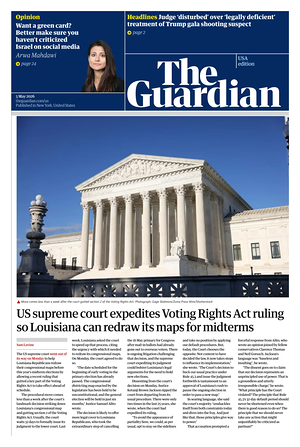Prima pagina The Guardian (USA) di oggi - Quotidiano estero