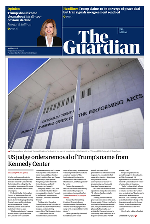 Prima pagina The Guardian (USA) di oggi - Quotidiano estero