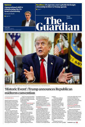 Prima pagina The Guardian (USA) di oggi - Quotidiano estero