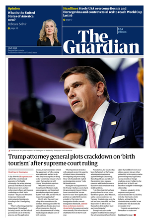 Prima pagina The Guardian (USA) di oggi - Quotidiano estero
