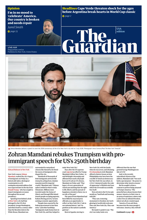 Prima pagina The Guardian (USA) di oggi - Quotidiano estero