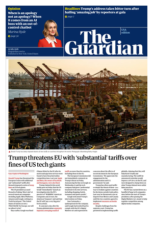 Prima pagina The Guardian (USA) di oggi - Quotidiano estero