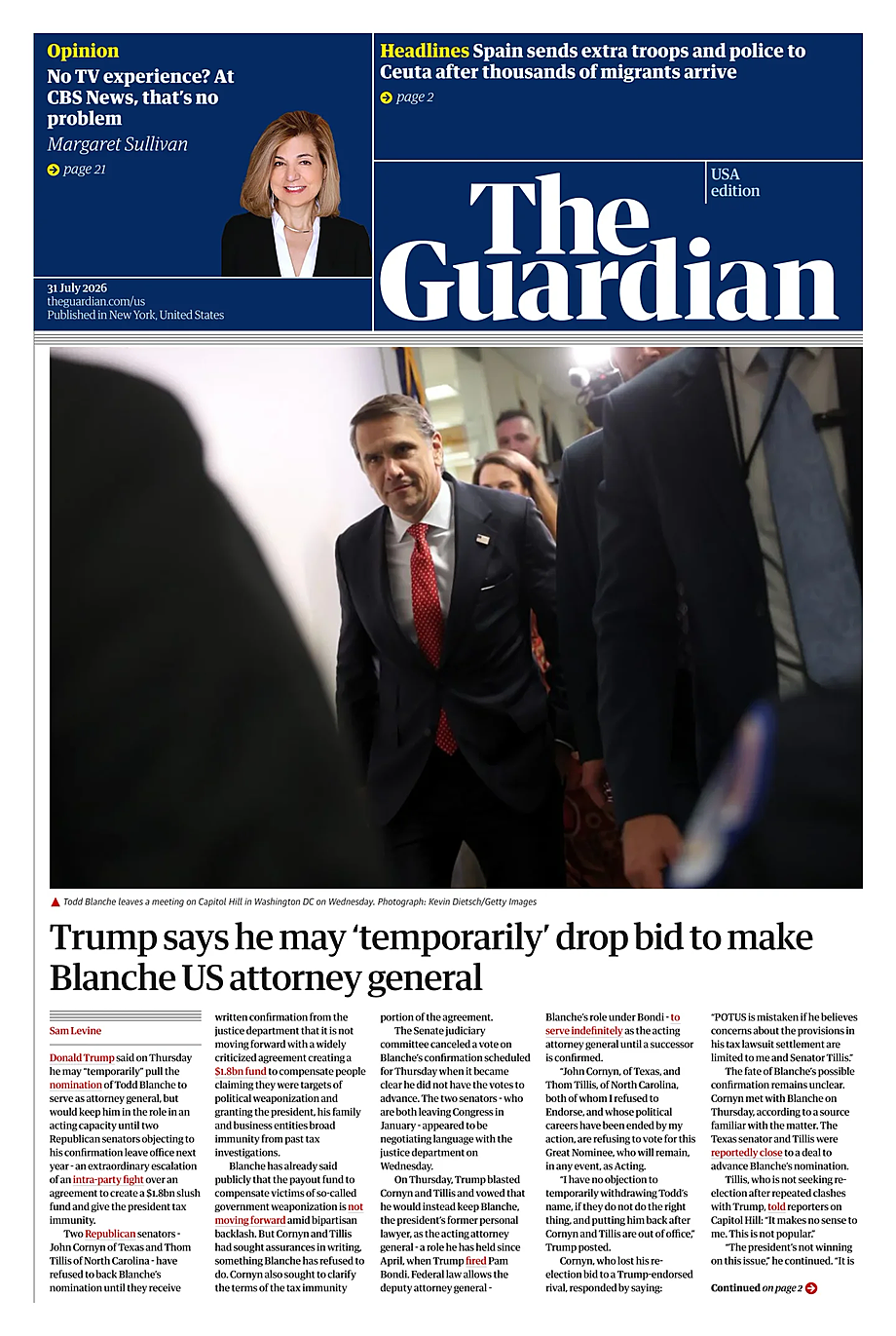 Portada The Guardian (USA) de hoy - Quiosco 31 julio 2026