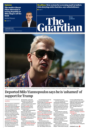 Prima pagina The Guardian (USA) di oggi - Quotidiano estero
