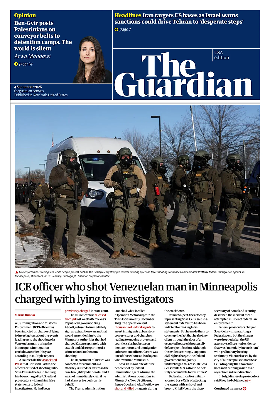 Prima pagina The Guardian (USA) di oggi - Edicola 4 Settembre 2026