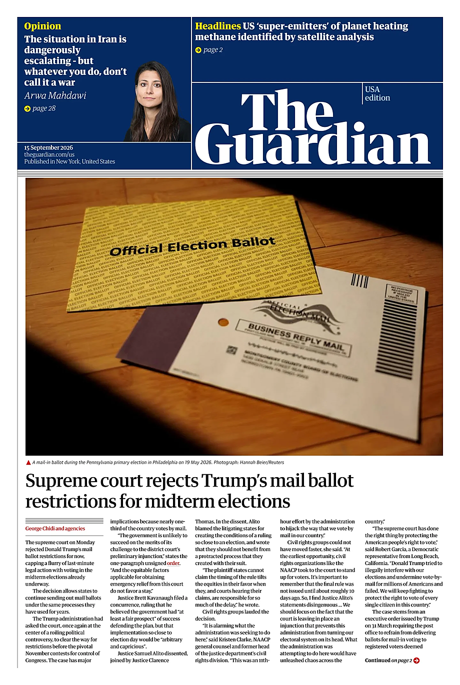 Portada The Guardian (USA) de hoy - Quiosco 15 septiembre 2026