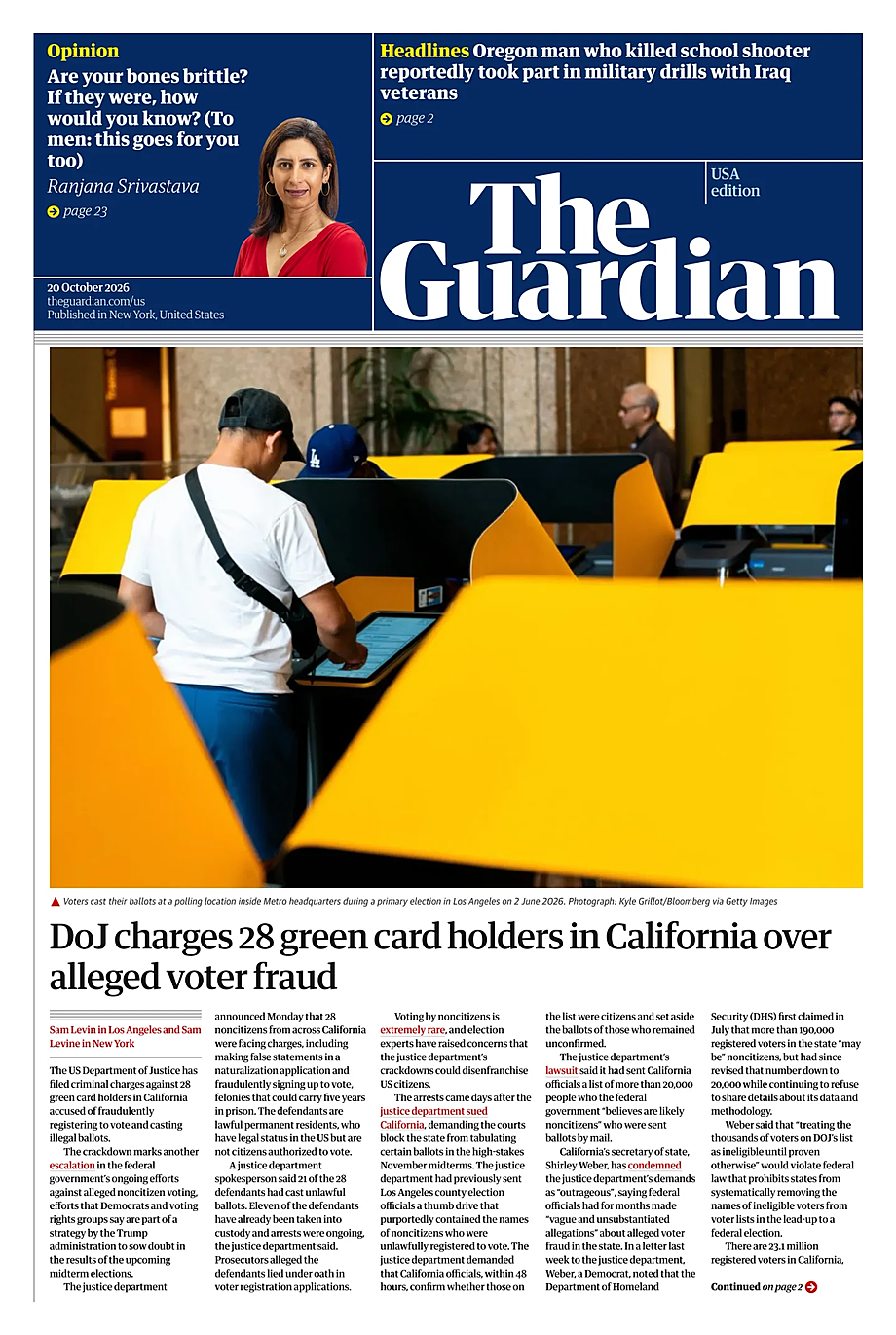 Prima pagina The Guardian (USA) di oggi - Edicola 20 Ottobre 2026