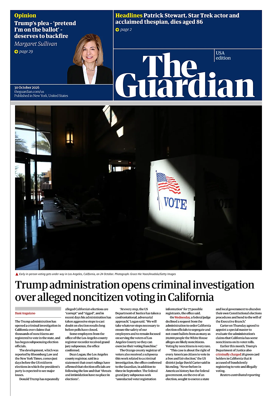 Portada The Guardian (USA) de hoy - Quiosco 30 octubre 2026
